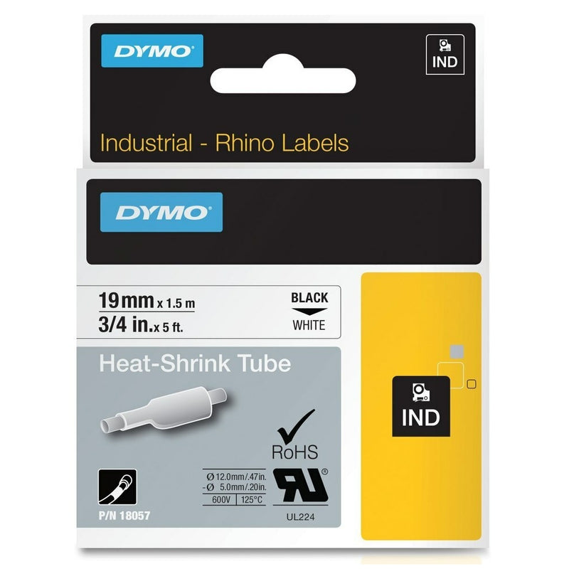 Dymo SD18057 Original 19mm Black Text on White Heat-Shrink HeatShrink Tube Industrial Rhino Label Cassette - 1.5 meters
