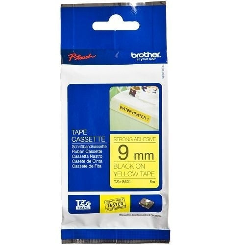 3 x Brother TZe-S621 TZeS621 Original 9mm Black Text on Yellow Strong Adhesive Laminated Tape - 8 metres