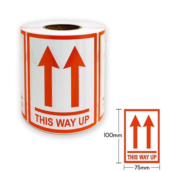 1 Roll x THIS WAY UP Shipping Label Red Text Warning Adhesive Sticker 75x100mm (500 Labels per Roll)