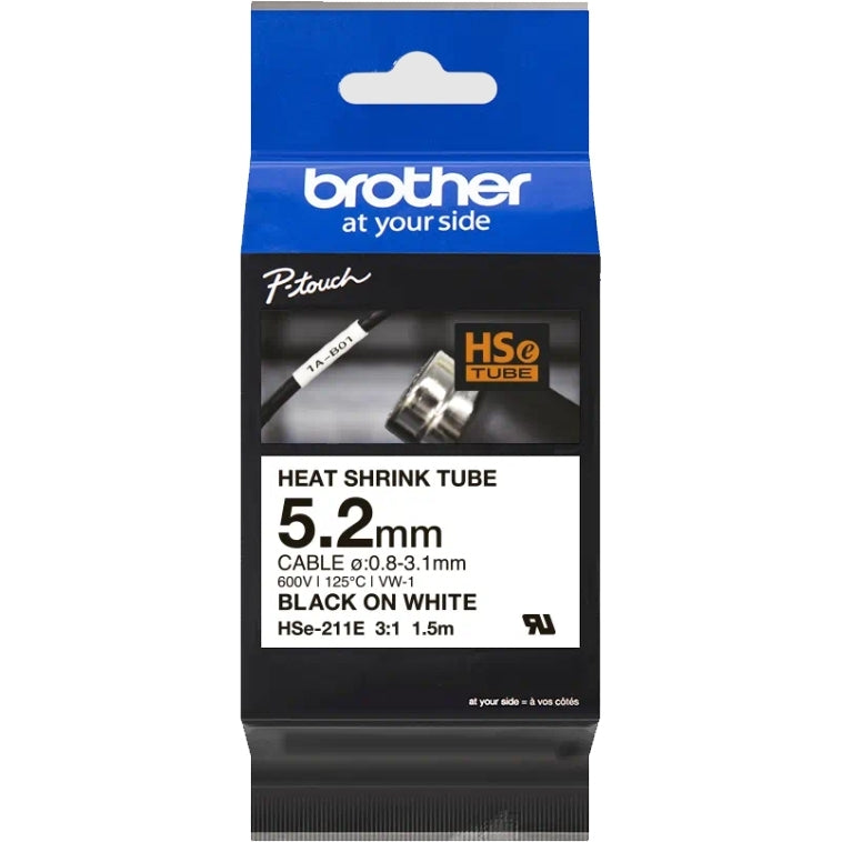 Brother HSe-211E HSe211E Original 5.2mm Black Text on White Heat Shrink Tube Tape - 1.5 meters