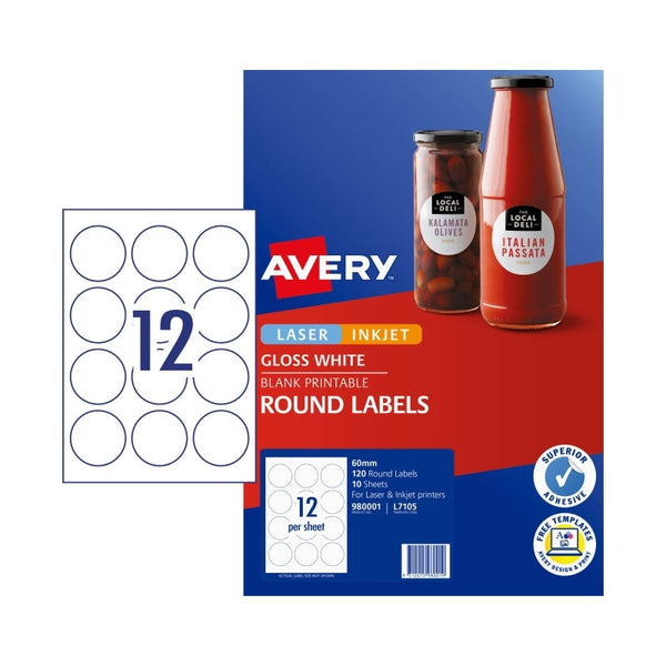 Avery #980001 White Glossy Laser Inkjet Round Labels 12UP 60mm - L7105 (120 Labels/10 Sheets)